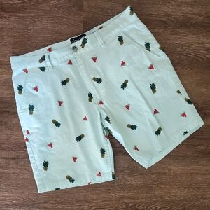 Raw Yarn Industries Stretch Twill Light Green Pineapple Print Shorts, size 34